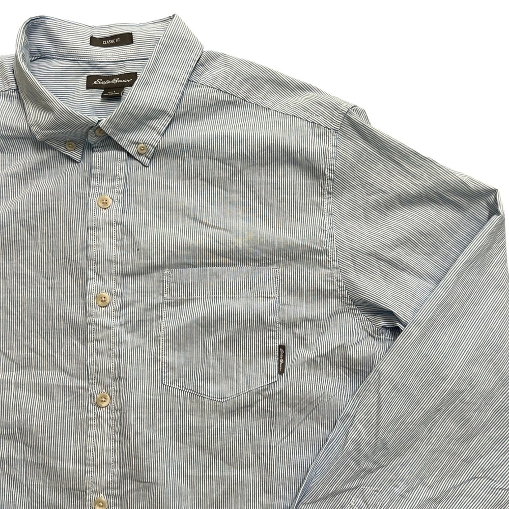 Eddie Bauer Mens Large Blue Striped Classic Fit Button Down‎ Long Sleeve Shirt